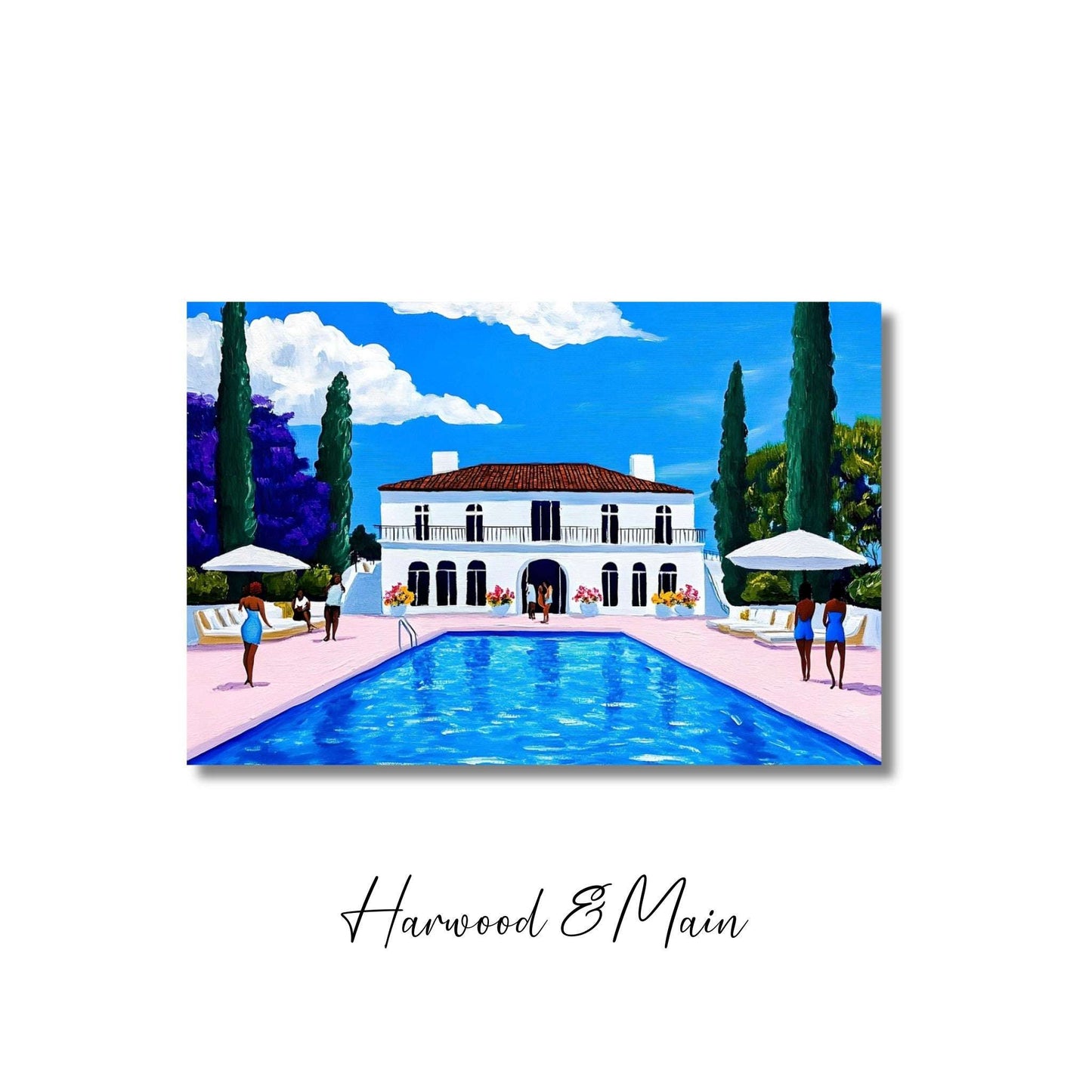 Vintage Poolside Painting| Mansion Canvas Artwork| Luxe and Leisure