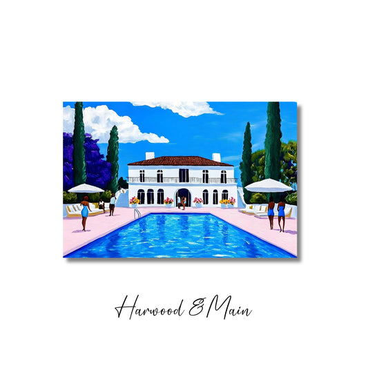 Vintage Poolside Painting| Mansion Canvas Artwork| Luxe and Leisure