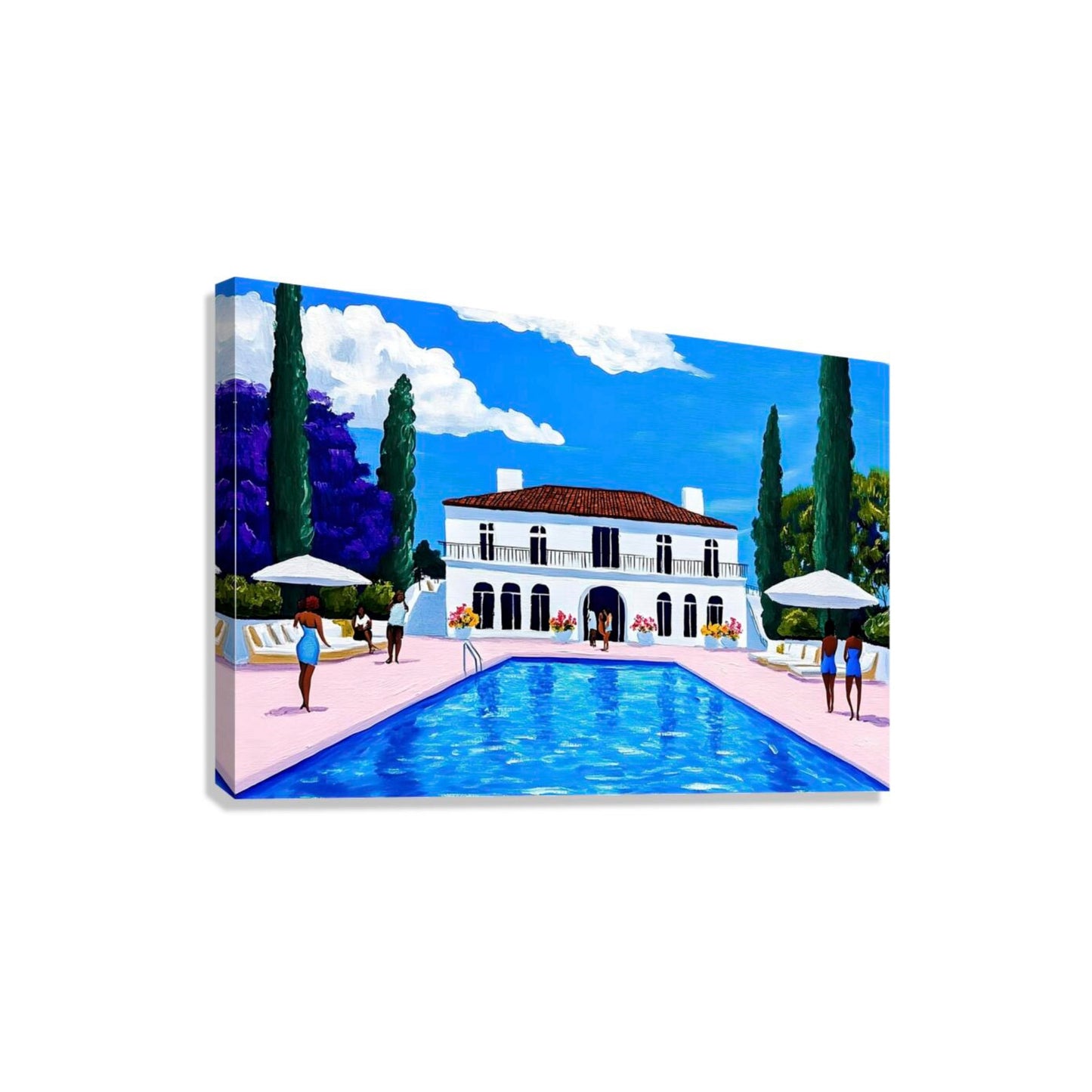 Vintage Poolside Painting| Mansion Canvas Artwork| Luxe and Leisure